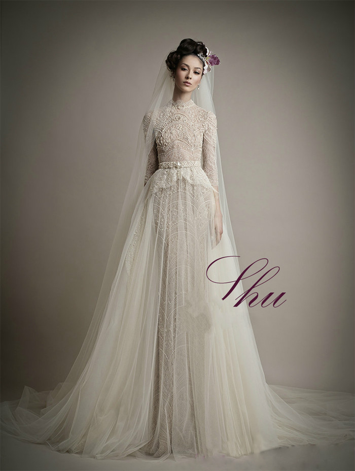 A e High Neck Beach Dresses Lace Appliques Beaded Pearls Long Sleeve Boho Wedding Gowns Custom Made Plus Size Bridal Dress