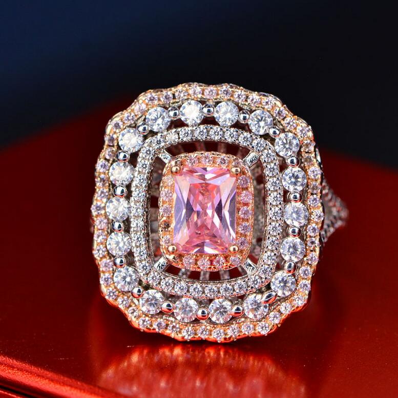 Drop Shipping Stunning Luxury Jewelry 925 Sterling Silver Princess Cut Pink Sapphire CZ Diamond Party Women Office Wedding Band Ring Gift