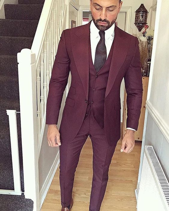 Bury Mens Suits Slim Fit Three Pieces Groomsmen Wedding Tuxedos For Men Blazers Peaked Lapel Formal Prom Suit (Jacket+Pants+Vest)