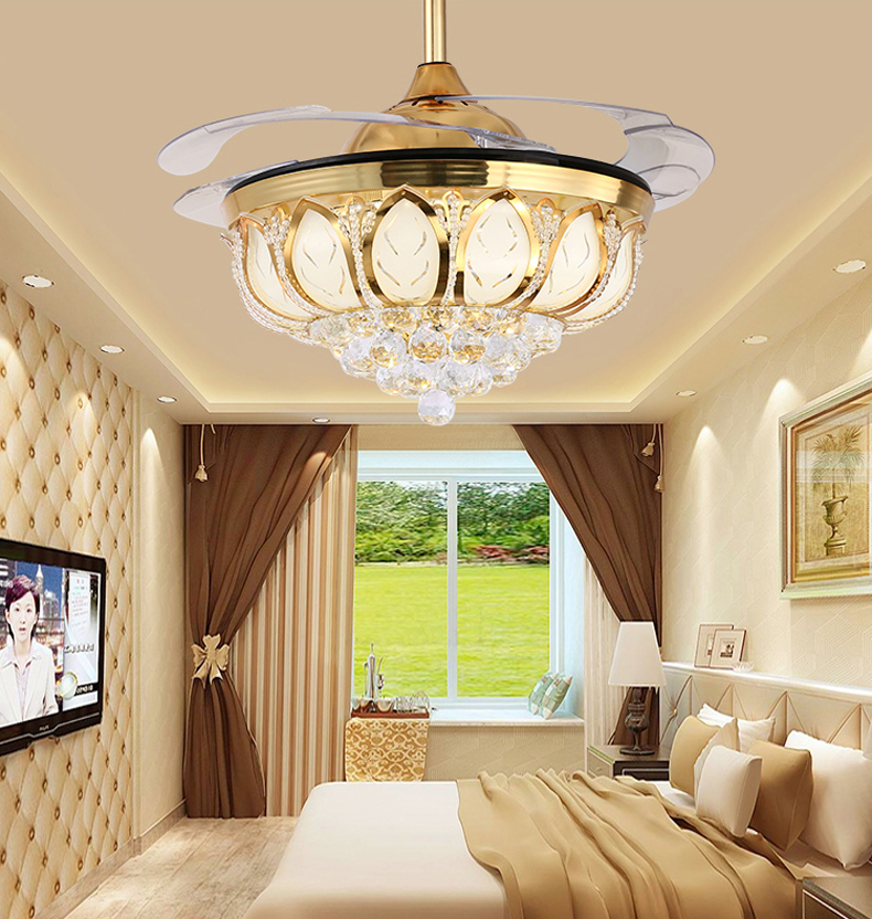 Hot LED Ceiling Invisible Fan Lights Timing Remote Control Warm White Light Pendant Lamp Remote Control Crystal
