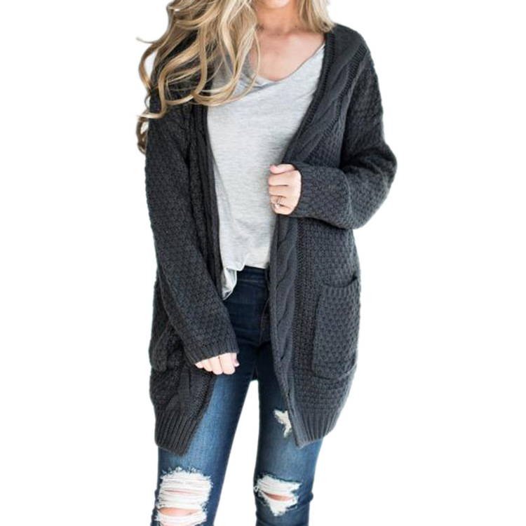 Knits autumn winter European style long solid color pocket sweater twist sweater khaki pink black gray support mixed batch
