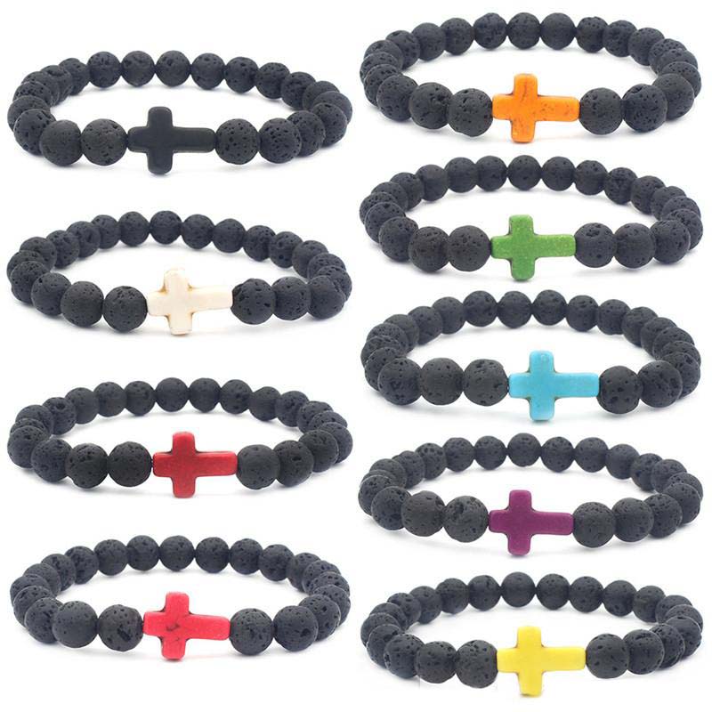 Charm Natural Stone Yoga Essential Oil Diffuser Bracelet Cross Black Lava Matte Beaded Bracelets Handmade Men Women Prayer Fitness Couple