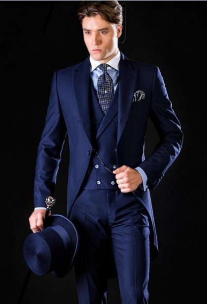 High Quality One Button Blue Groom Tuxedos Peak Lapel Groomsmen Best Man Suits Mens Wedding Suits(Jacket+Pants+Vest+Tie) NO:1233
