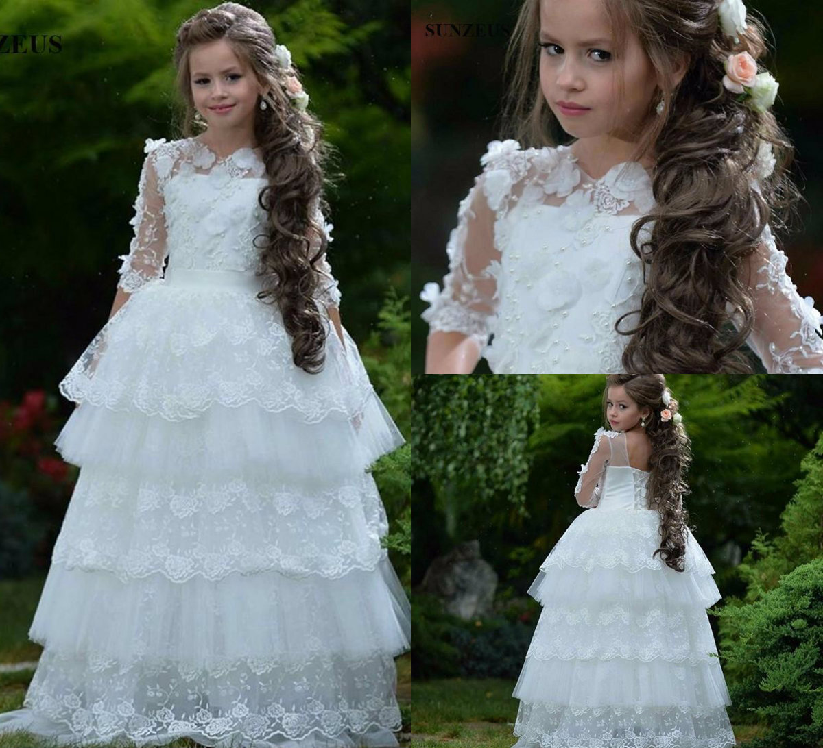 Princess Flower Girl Dresses for Weddings A Line Tiered Skirts Jewel Neck 3D Floral Appliques Pearls Girls Pageant Dress Kids Formal Wear