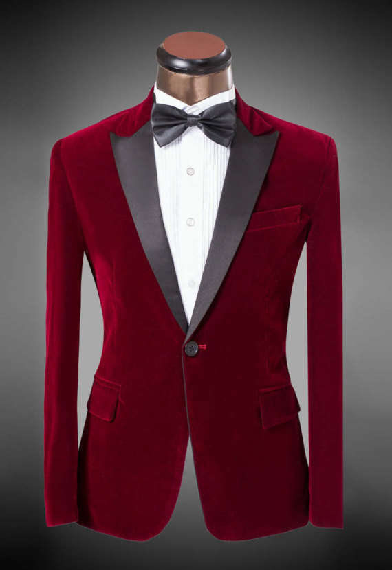 2018 High Quality Velvet Burgundy Groom Tuxedos Groomsmen Best Man Mens Wedding Suits Bridegroom Just One Piece Bling Sequins Prom Suits