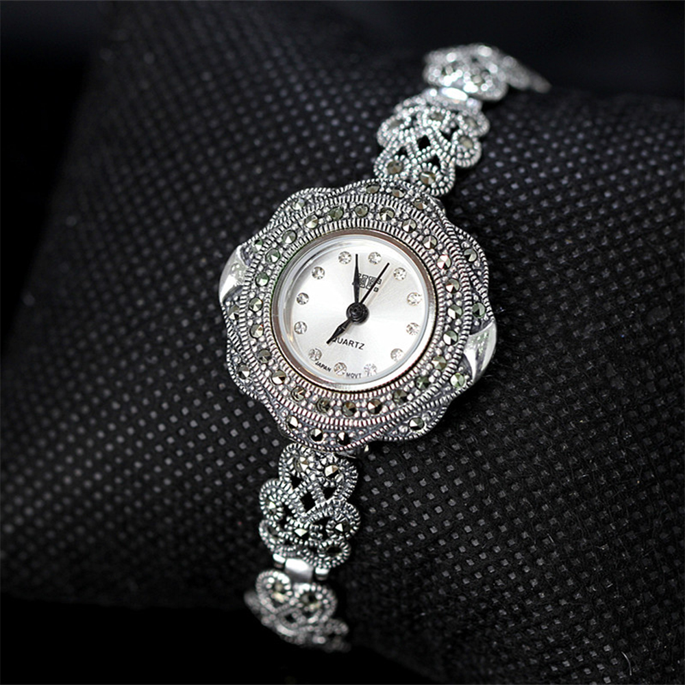 MetJakt Vintage Quartz Bracelet Watch with Zircon Solid 925 Sterling Silver Bracelet for Women's Thai Silver Jewelry