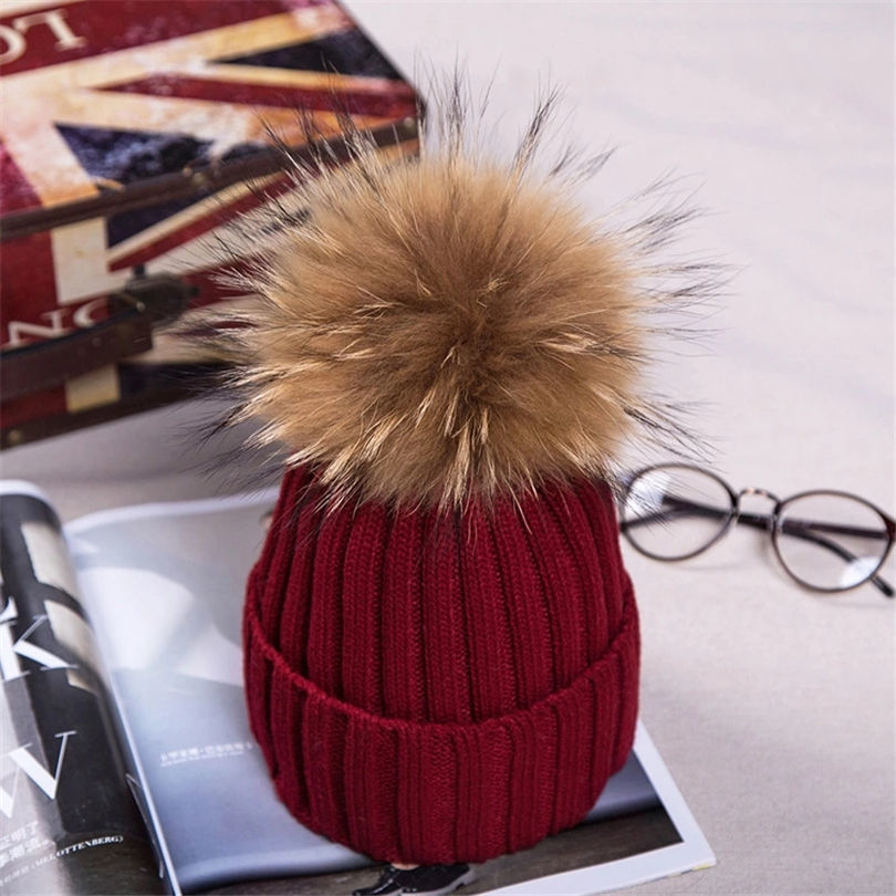 Raccoon Fur Ball Pom poms winter hat for women girls knitted wool beanies caps thick female Women's Fur gorros hats Detachable D18110102
