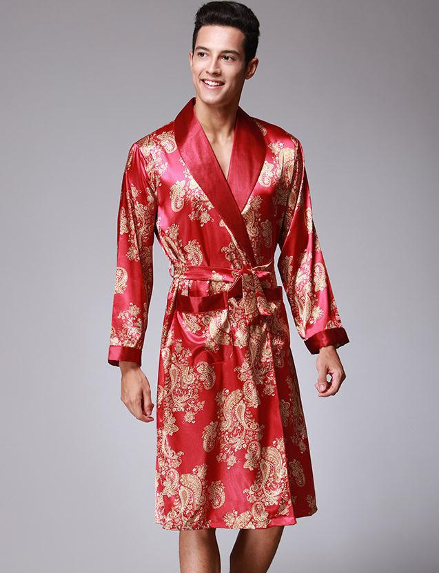 Men Robe 2018 Spring New Kimono Bathrobe Gown Faux Silk Robes Long Sleeve Home Clothes Male Sleewear Bath Geisha L XL XXL