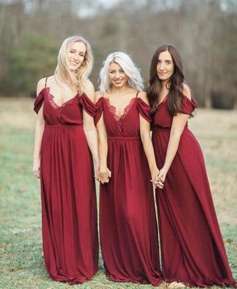 Off Shoulder Plus Size Country Maid Of Honor Dress Cheap Lace Chiffon Burgundy Bridesmaid Dresses Long A Line Bohemian Spaghetti Dress