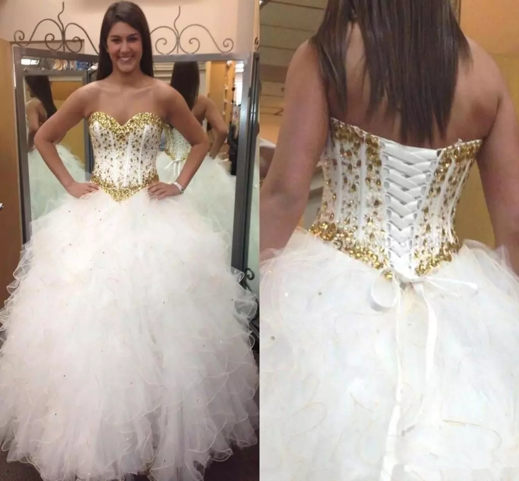 2018 Sexy Fashion Glitter White and Gold Quinceanera Dresses Sweetheart Beaded Crystals Sweet 16 Girl Prom Party Gown, Ivory
2018 Sexy Fashion Glitter White and Gold Quinceanera Dresses Sweetheart Beaded Crystals Sweet 16 Girl Prom Party Gown, Ivory