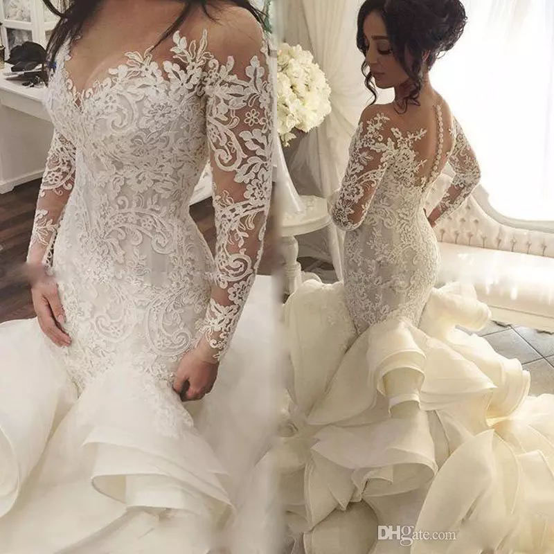 Cascading Ruffles Tiered Wedding Dresses Fashion See Through Neckline Long Sleeve Wedding Gowns Lace Appliques Backless Bridal Dresses Sexy, Champagne
Cascading Ruffles Tiered Wedding Dresses Fashion See Through Neckline Long Sleeve Wedding Gowns Lace Appliques Backless Bridal Dresses Sexy, Champagne