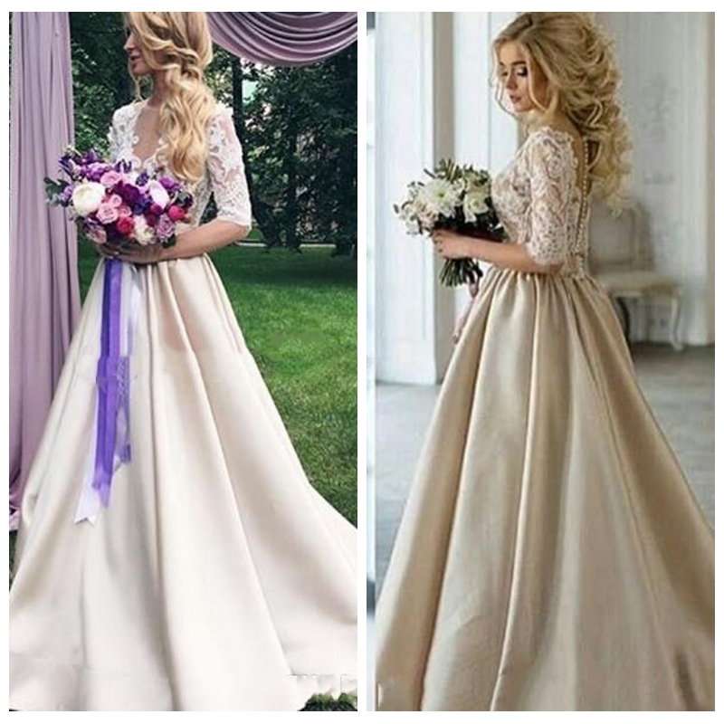 2018 Satin Champagne Wedding Dresses Sheer Neck Half Sleeves Lace Appliques Bridal Gowns See Through Back Vintage Bridal Dress, Black
2018 Satin Champagne Wedding Dresses Sheer Neck Half Sleeves Lace Appliques Bridal Gowns See Through Back Vintage Bridal Dress, Black
