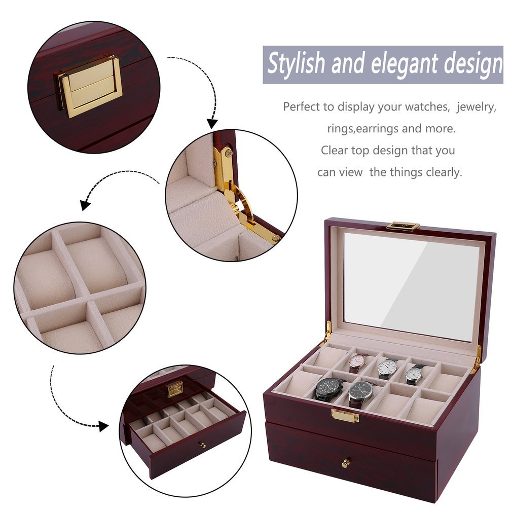 20 Grids Red Black Wooden Watches Box Case Watch Holder Collection Storage Organizer Fast and Safe Ship From US