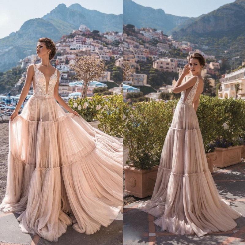 la petra beach wedding dresses sexy sheer deep v neck backless lace appliqued bridal gowns tulle a line wedding dress