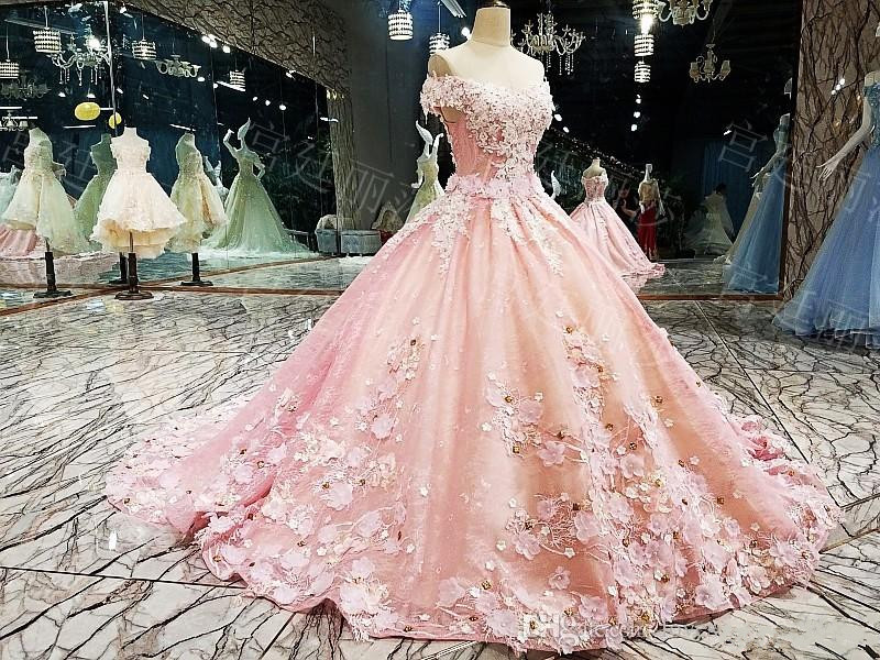 Luxury Pink Ball Gown Flower Prom Dresses Off The Shoulder Lace Appliqued Beads Dress Evening Wear Plus Size Abendkleider Formal Party Gowns