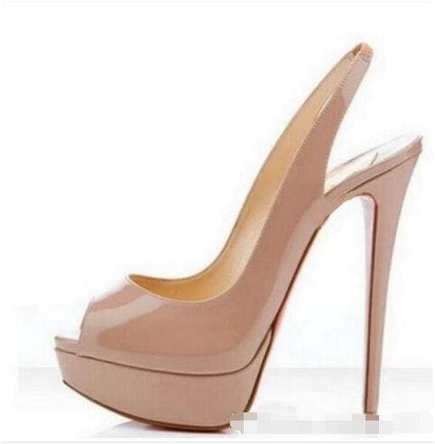 

bona fide 2018 Nude Patent Leather Woman High Heels Pumps 14CM Peep-toe Banquet Stiletto Heel Slip-On Platform Heel Shoes