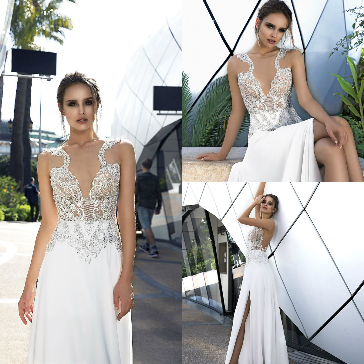 Illusion Boho Wedding Dresses High Side Split Jewel Neck Beaded Chiffon Lace Appliqued Rhinestone Beach Bridal Dress Sweep Train Wedding, Pink
Illusion Boho Wedding Dresses High Side Split Jewel Neck Beaded Chiffon Lace Appliqued Rhinestone Beach Bridal Dress Sweep Train Wedding, Pink