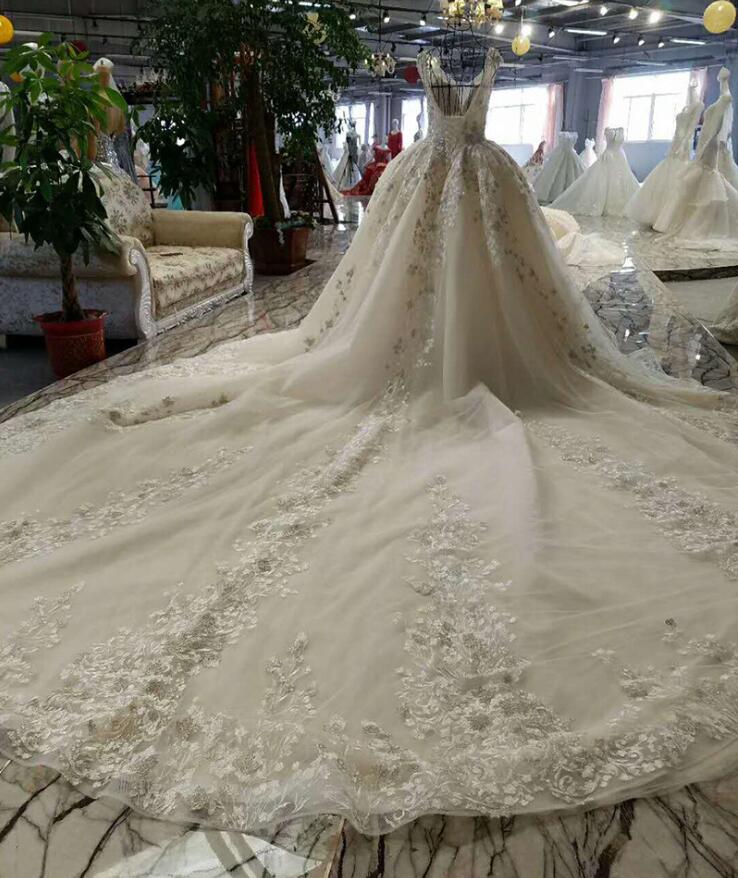 Real Pictures Dresses V Neck Beading Appliques Lace Up Back Sweep Train Dubai Arabic Bridal Gowns Wedding Dress