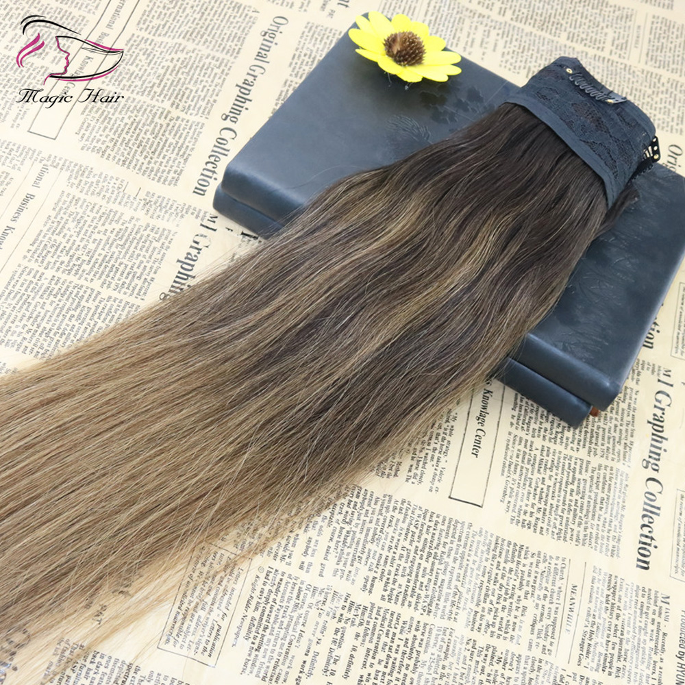 One Piece Clip In Human Hair Extensions Ombre Balayage Color #2 Fading to Color #8 5Clips With Lace