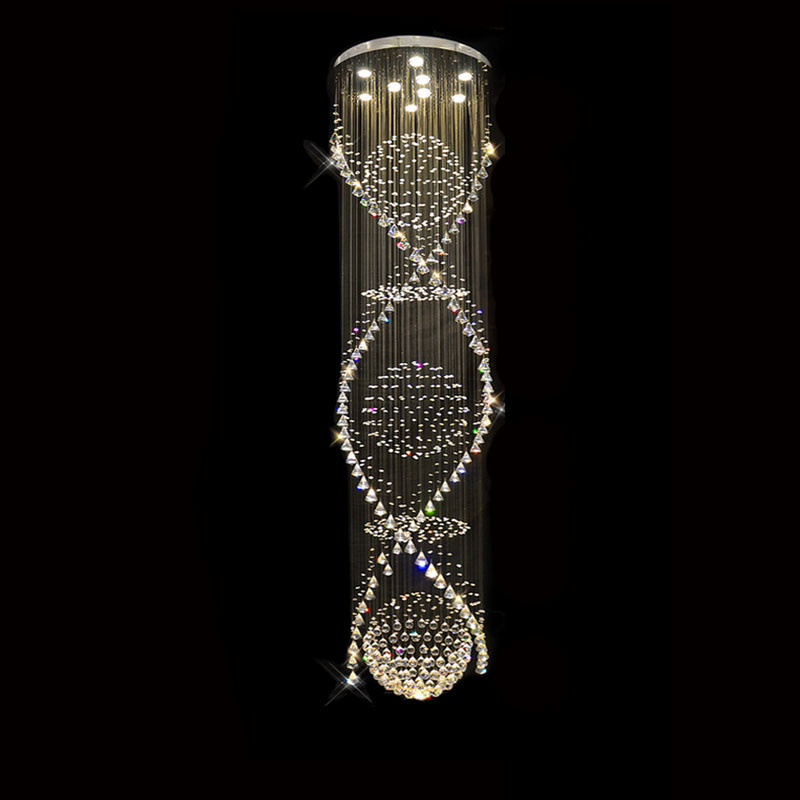 Long Double Spiral LED Crystal Ceiling Light K9 Crystals Chandelier Lighting Rain Drop Lamp for Lobby Staircase Stairs Foyer