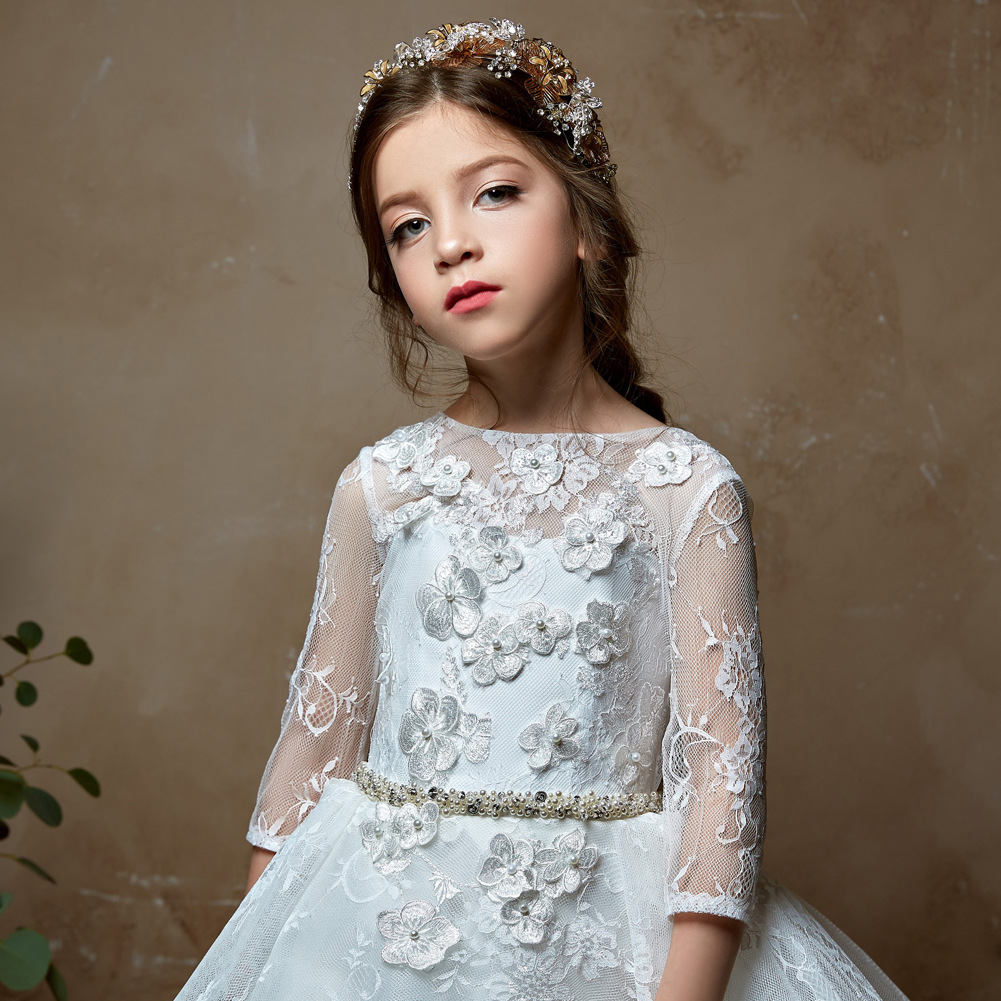 Miniature Wedding Dress 2026 3 Quarter Long Sleeves Big Bow Back Long First Communion Gown for Little Girls Handmade Flower Girl Toddler Infant Christ