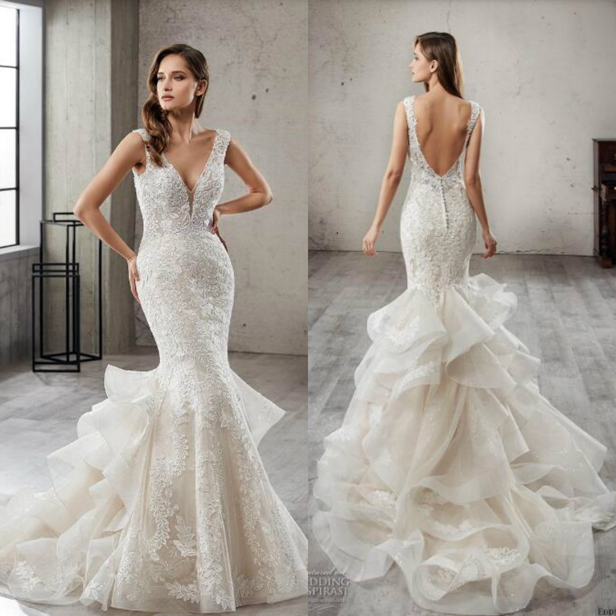 Eddy K 2019 Mermaid Wedding Dress Upscale Custom Made V Neckline Lace Applique Backless Bridal Gowns Tiered Wave Detailed Tulle Sweep Train