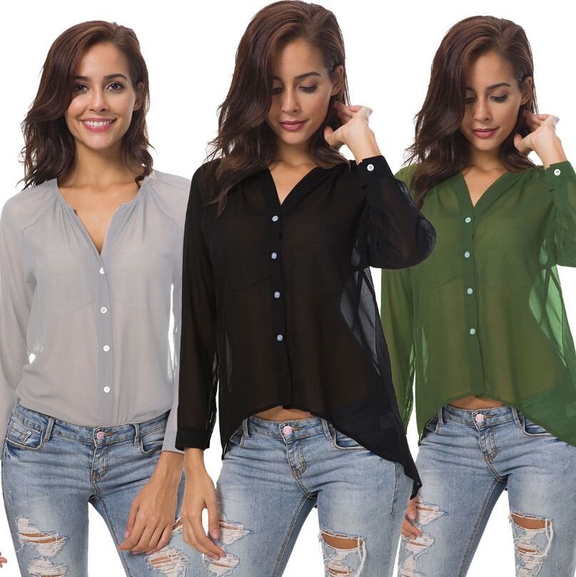 Women Sheer Chiffon Blouses Female Sexy Buttons Single Breasted Shirts Top V-neck Long Sleeved Tee, Black
Women Sheer Chiffon Blouses Female Sexy Buttons Single Breasted Shirts Top V-neck Long Sleeved Tee, Black
