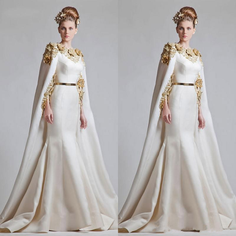 Fancy Elegant 2019 Evening Dresses Gold Appliques Satin Mermaid Prom Dresses With Cape Sweep Train Saudi Arabic Formal Wear