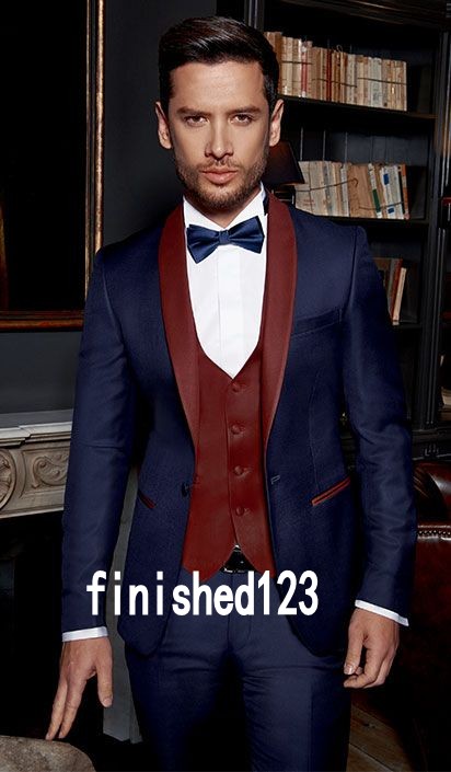 

New Arrivals One Button Blue Groom Tuxedos Shawl Lapel Groomsmen Best Man Mens Wedding Suits (Jacket+Pants+Vest+Tie) D:149, Same as image