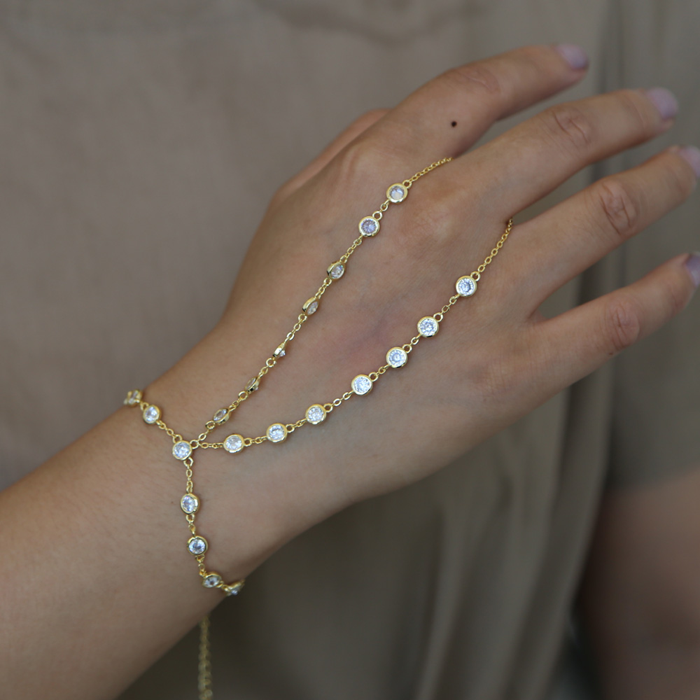 wedding engagement CZ station statement diamond hand bracelet silver gold plated slave bracelet with ring elegance women jewelry