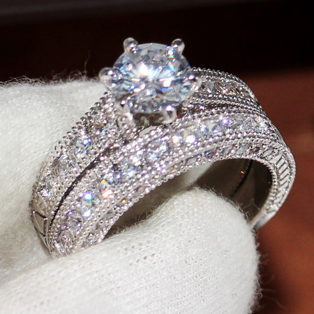 Retro Jewelry Lovers Claw Set 8mm Topaz Gem 14KT White Gold Filled 2-in-1womens Engagement Wedding Ring Set for christmas gift Sz 5-11