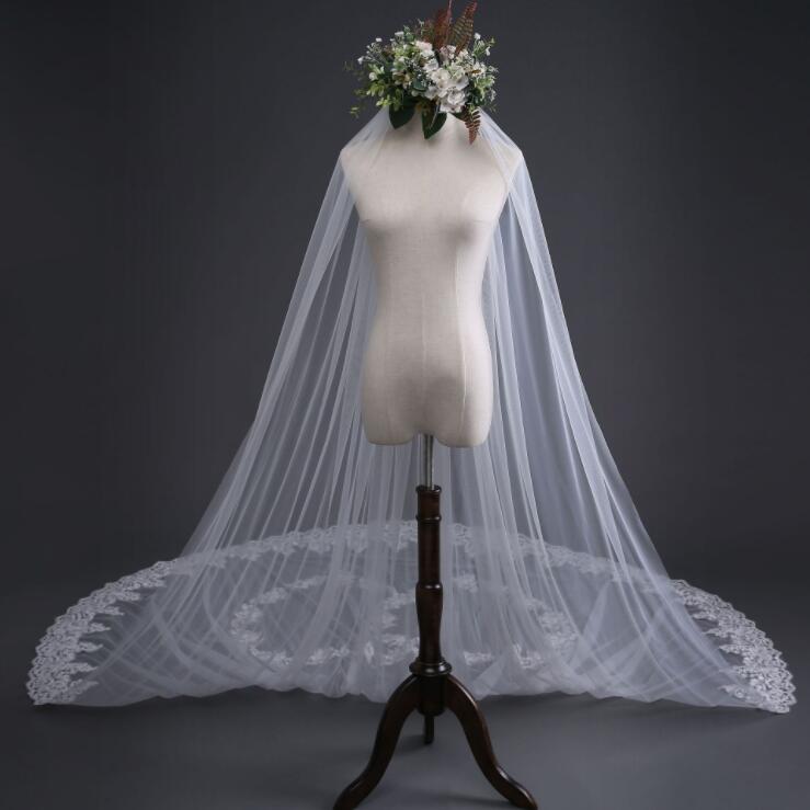 Hot Ivory White Wedding Veils Tulle Appliqued Cathedral Length Wedding Long Veils Heart Custom Made 3M Length Wedding Hair Accessories