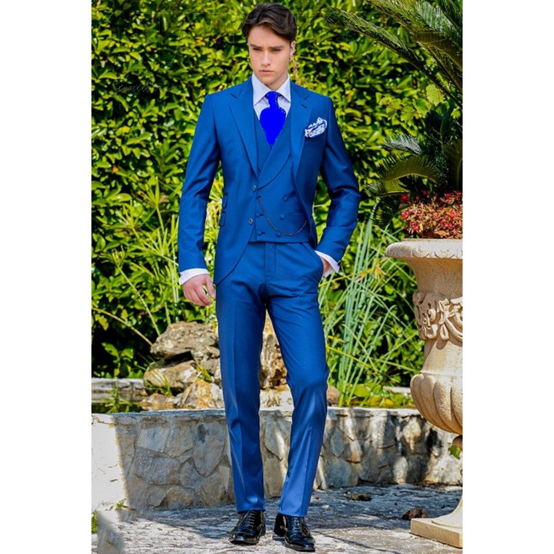 High Quality Groom Tuxedos Two Button Blue Notch Lapel Groomsmen Best Man Suit Wedding Mens Suits (Jacket+Pants+Vest+Tie) J161, Same as image