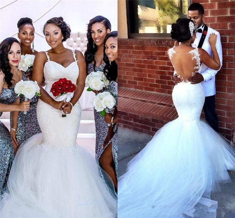 Size African Plus Nigerian Mermaid Dresses Lace Applique Spaghetti Straps Illusion Back Tiered Tulle Court Train Wedding Gowns