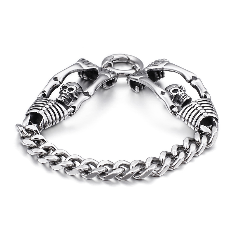 Double Skeleton Stainless Steel Bracelet Punk Men's Ancient Silver Thick Heavy Hip Hop Rock Bangle Jewelry