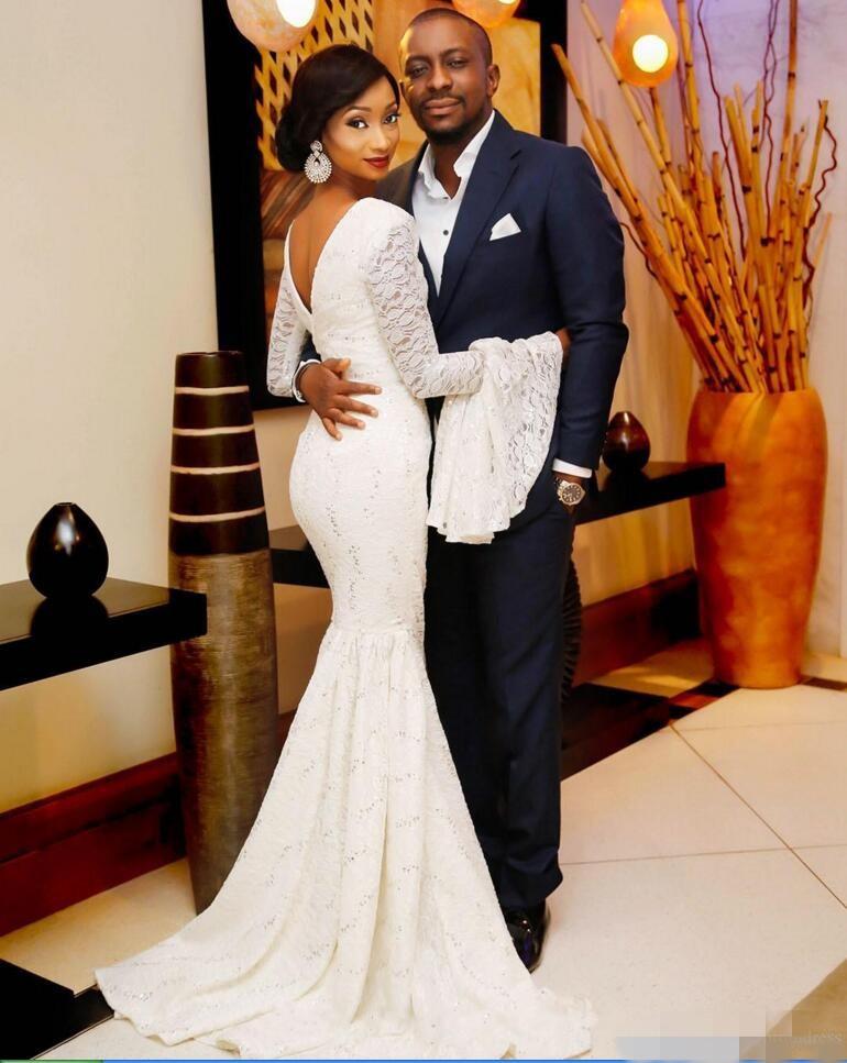 Sexy Mermaid Wedding Dress Full Lace Sheer Long Sleeves Deep V Neck Bridal Gowns Wedding Dresses Custom Made