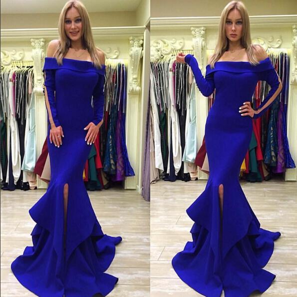 2018 New Royal Blue Mermaid Trumpet Evening Dresses Formal Party Gowns Off the shoulder Long Sleeves Split With Train Cheap Prom Dresses, Ivory
2018 New Royal Blue Mermaid Trumpet Evening Dresses Formal Party Gowns Off the shoulder Long Sleeves Split With Train Cheap Prom Dresses, Ivory