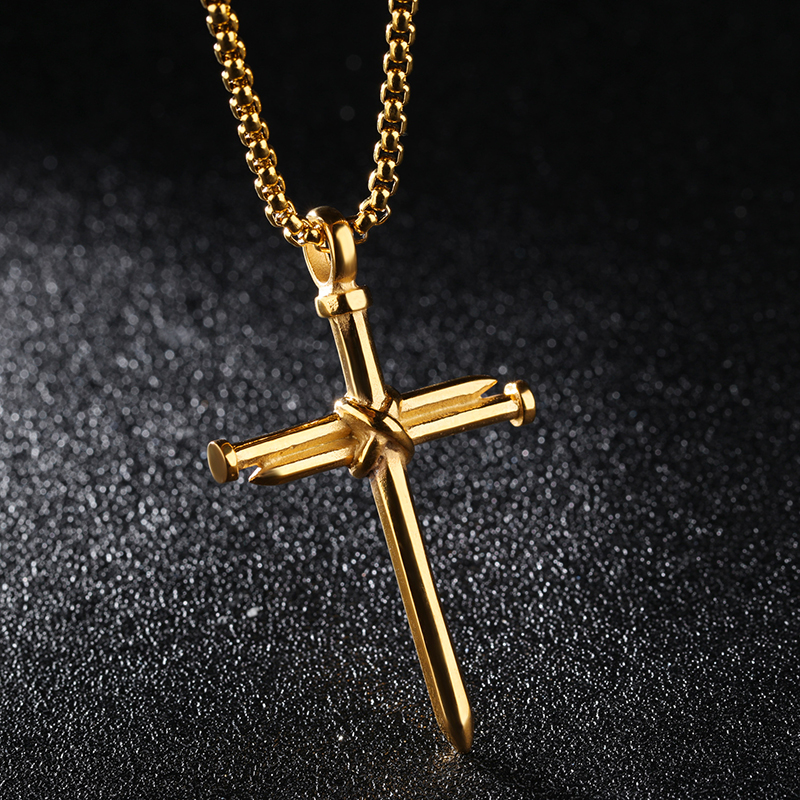 Hip Hop Gothic 316L Stainless Steel Nail Cross Pendant Necklace Gold Plated Mens Jewelry