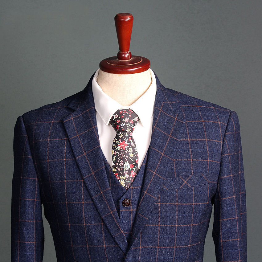 2018 Navy Check Slim Fit Men's Suits Groom Tuxedos Wedding Grooms Three Pieces (Jaket+Vest+Pants) Formal Occasion Wear Prom Suit Custom Made