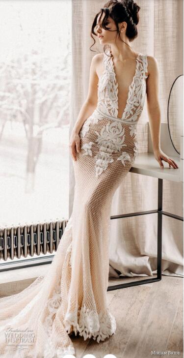Sheer V Neck Mermaid Dresses Illusion Bodice Lace Applique Sequins Backless Wedding Dress With Detachable Train Bridal Gowns 6660306