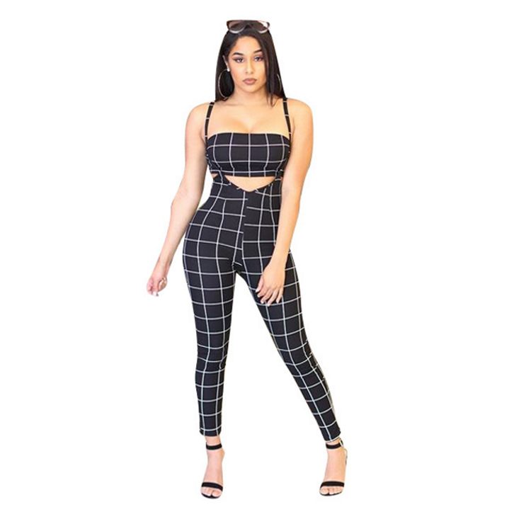 Black White Plaid Overalls: Sexy Jumpsuit 2-Piece Set For Women