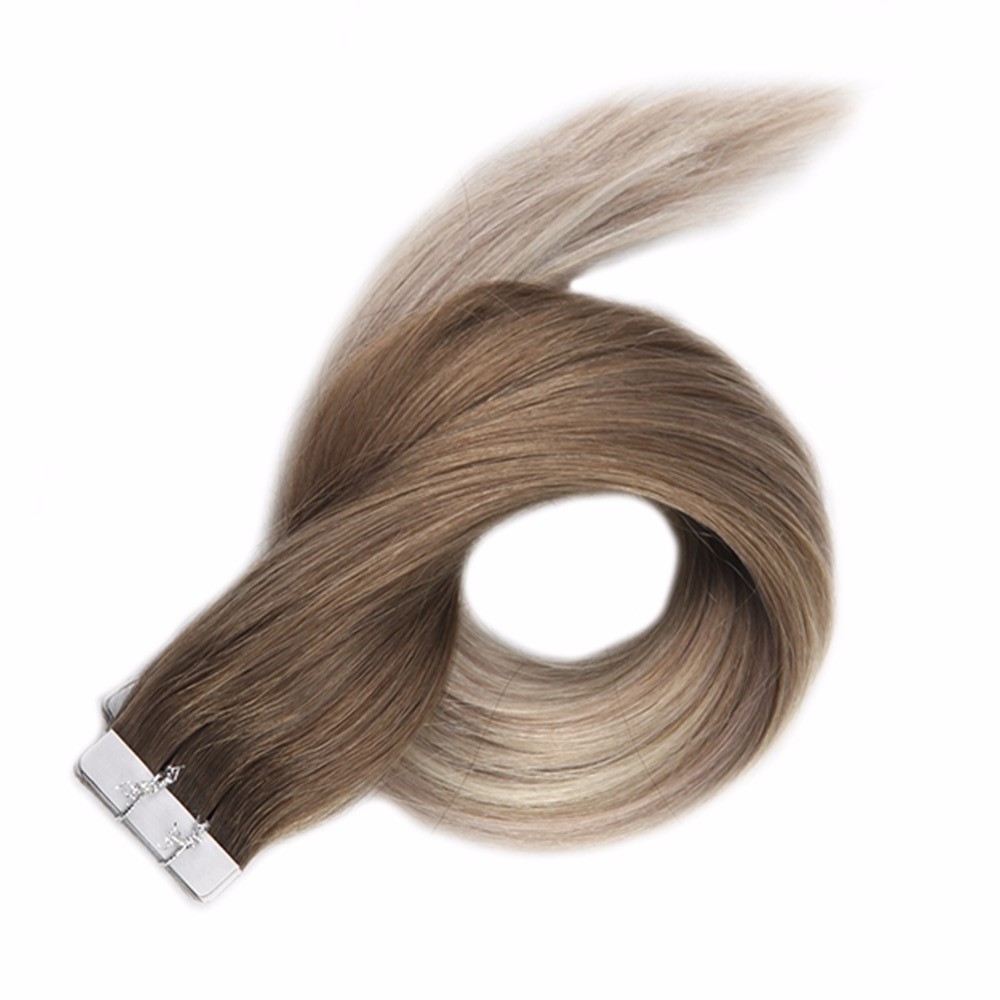 100g 40Pcs Balayage #2 #8 Silk Straight PU Hair Tape In Hair Extension 14 Inch To 24 Inch