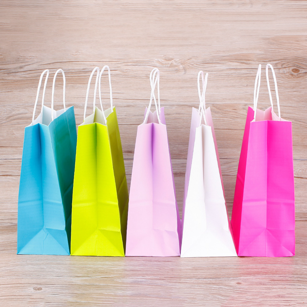 High Quality Kraft Paper packing Bag With Handles Festival Gift Bag For Wedding candy colors Paper Bags for shopping 10 colors