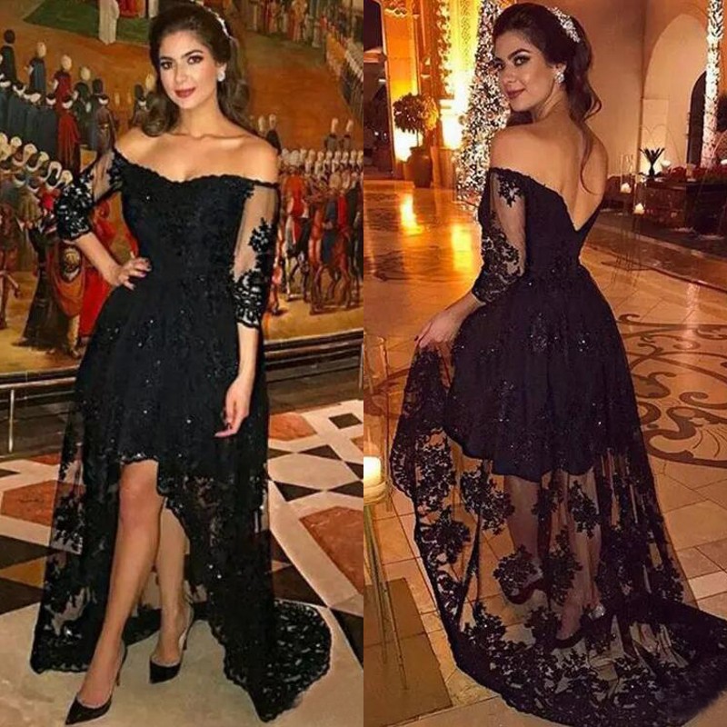 Charming 2017 Black Lace Off The Shoulder High Low Prom Dresses Long Sexy Back Illusion 3/4 Long Sleeves Formal Party Dresses EN121312, Dark navy
Charming 2017 Black Lace Off The Shoulder High Low Prom Dresses Long Sexy Back Illusion 3/4 Long Sleeves Formal Party Dresses EN121312, Dark navy