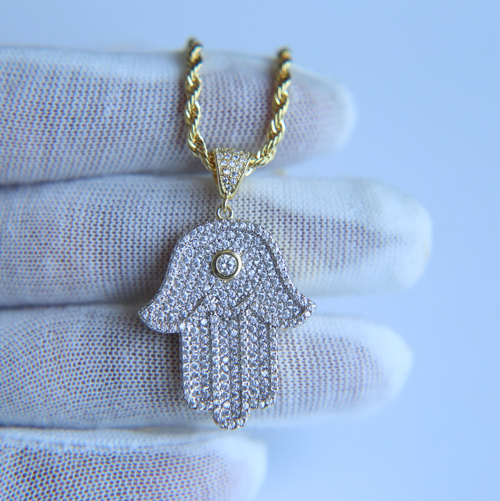 hip hop bling jewelry iced out cool boy mens necklace hamsa hand pendant gold silver plated cz cubic zirconia bling hiphop necklace for men