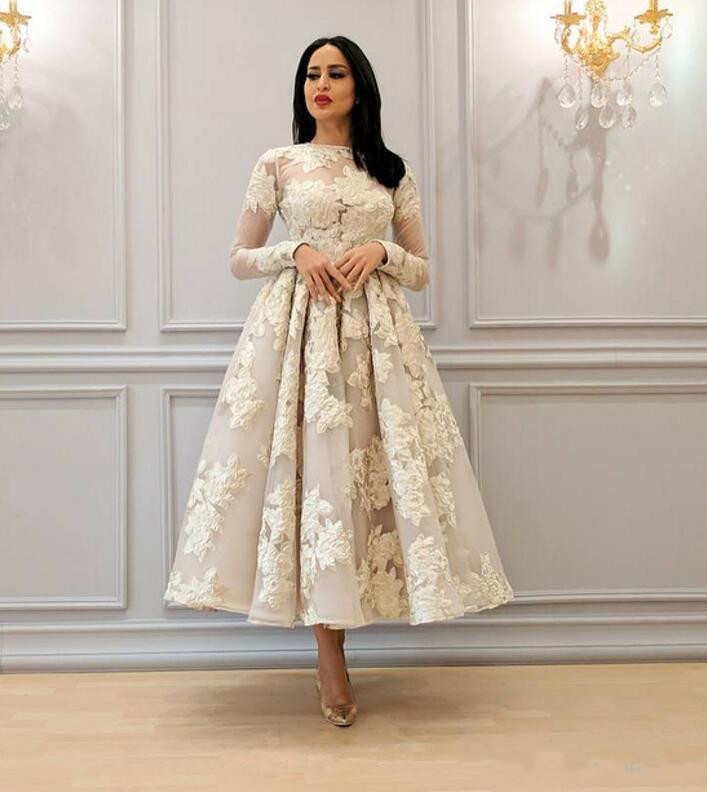 E A African Prom Dresses With Long Sleeves Lace Appliques Tea Length Evening Gowns Saudi Arabic Formal Tail Dress Plus Size Ppliques Rabic