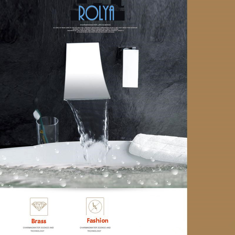 Rolya Wall Mounted Chrome Brass Waterfall Bathroom Basin Faucet Vanity Sink Mixer Tap Black Bath Spout