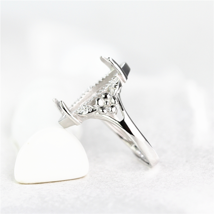 Fine Silver 925 Sterling Silver Ring Engagement Wedding Semi Mount Ring for 10x20mm Marquise Cabochon Amber Agate Setting White Gold Color