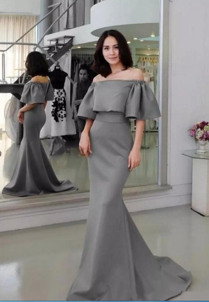 Gray Mermaid Evening Dresses Off Shoulder Long Cheap Mermaid Satin Prom Dress with Sleeves Formal Party Gowns