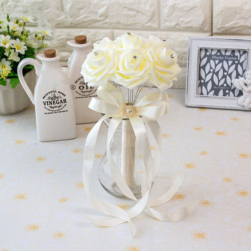 Cheap Rose Wedding Bridal Bouquets Handmade Flowers Artificial Rose Ribbons Wedding Supplies Bride Holding Flowers Brooch Bouquet CPA1560